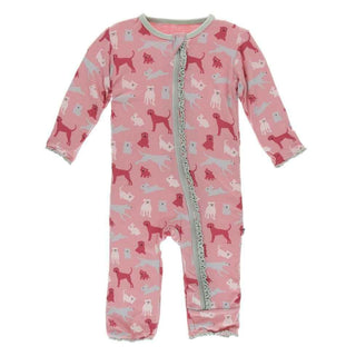 Print Bamboo Muffin Ruffle Coverall with Zipper - Strawberry Domestic Animals KicKee Pants