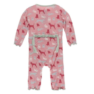 Print Bamboo Muffin Ruffle Coverall with Zipper - Strawberry Domestic Animals KicKee Pants