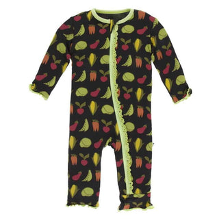 Print Bamboo Muffin Ruffle Coverall with Zipper - Zebra Garden Veggies KicKee Pants