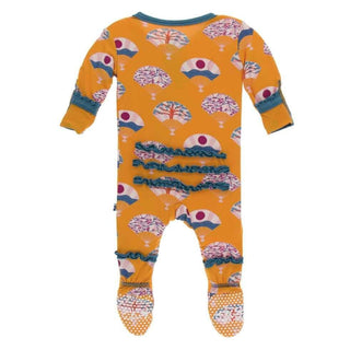 Print Bamboo Muffin Ruffle Footie with Snaps - Apricot Fans KicKee Pants