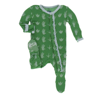 Print Bamboo Muffin Ruffle Footie with Snaps - Dino Tracks KicKee Pants