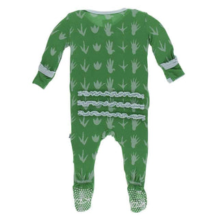 Print Bamboo Muffin Ruffle Footie with Snaps - Dino Tracks KicKee Pants