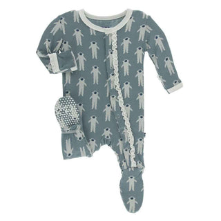 Print Bamboo Muffin Ruffle Footie with Snaps - Dusty Sky Astronaut Baby & Toddler Sleepwear