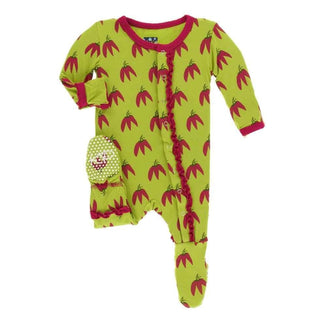 Print Bamboo Muffin Ruffle Footie with Snaps - Meadow Chili Peppers KicKee Pants