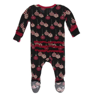 Print Bamboo Muffin Ruffle Footie with Snaps - Midnight Ornaments KicKee Pants