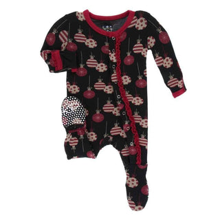 Print Bamboo Muffin Ruffle Footie with Snaps - Midnight Ornaments KicKee Pants