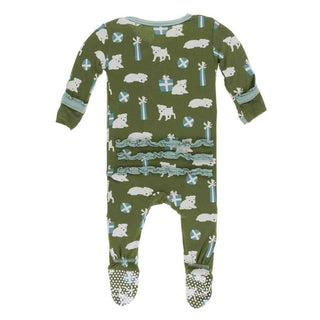 Print Bamboo Muffin Ruffle Footie with Snaps - Moss Puppies and Presents KicKee Pants