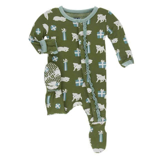 Print Bamboo Muffin Ruffle Footie with Snaps - Moss Puppies and Presents KicKee Pants