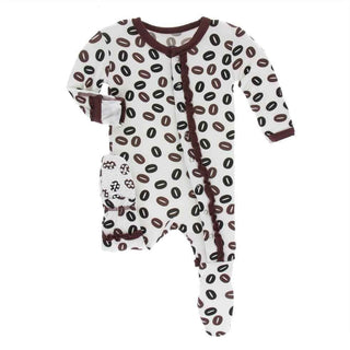 Print Bamboo Muffin Ruffle Footie with Snaps - Natural Coffee Beans KicKee Pants