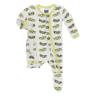 Print Bamboo Muffin Ruffle Footie with Snaps - Natural Olive Branch KicKee Pants