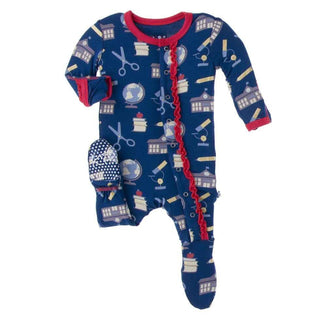 Print Bamboo Muffin Ruffle Footie with Snaps - Navy Education Baby & Toddler Sleepwear