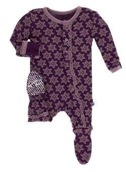 Print Bamboo Muffin Ruffle Footie with Snaps - Wine Grapes Saffron KicKee Pants