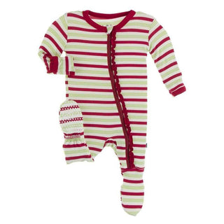 Print Bamboo Muffin Ruffle Footie with Zipper - Candy Cane Stripe KicKee Pants