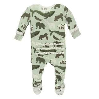 Print Bamboo Muffin Ruffle Footie with Zipper - Aloe Endangered Animals KicKee Pants