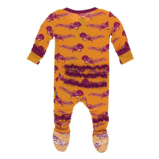 Print Bamboo Muffin Ruffle Footie with Zipper - Apricot Octopus KicKee Pants