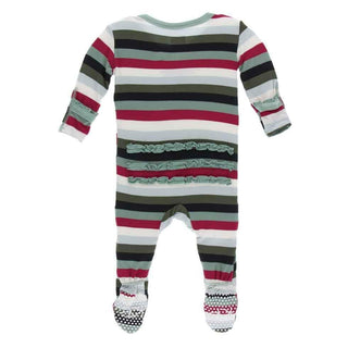 Print Bamboo Muffin Ruffle Footie with Zipper - Christmas Multi Stripe KicKee Pants