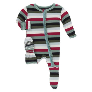 Print Bamboo Muffin Ruffle Footie with Zipper - Christmas Multi Stripe KicKee Pants