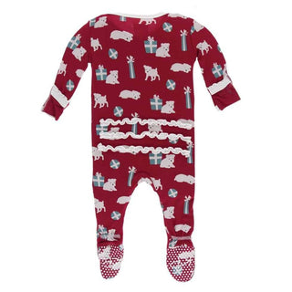 Print Bamboo Muffin Ruffle Footie with Zipper - Crimson Puppies and Presents KicKee Pants