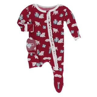 Print Bamboo Muffin Ruffle Footie with Zipper - Crimson Puppies and Presents KicKee Pants