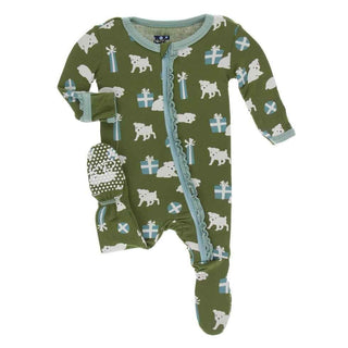 Print Bamboo Muffin Ruffle Footie with Zipper - Moss Puppies and Presents KicKee Pants