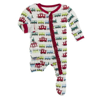 Print Bamboo Muffin Ruffle Footie with Zipper - Natural Toy Train KicKee Pants