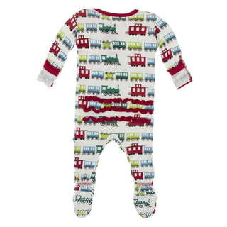 Print Bamboo Muffin Ruffle Footie with Zipper - Natural Toy Train KicKee Pants