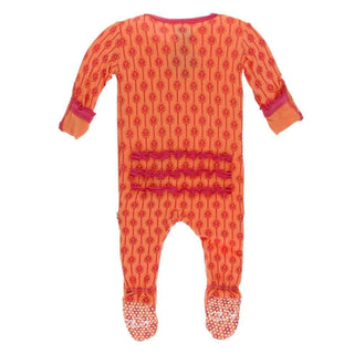 Print Bamboo Muffin Ruffle Footie with Zipper - Nectarine Leaf Lattice KicKee Pants