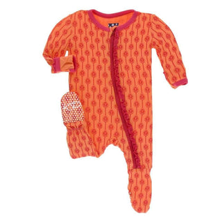 Print Bamboo Muffin Ruffle Footie with Zipper - Nectarine Leaf Lattice KicKee Pants