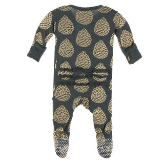 Print Bamboo Muffin Ruffle Footie with Zipper - Pewter Pinecones KicKee Pants