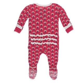 Print Bamboo Muffin Ruffle Footie with Zipper - Red Ginger Mini Trees KicKee Pants