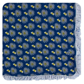 Print Bamboo Ruffle Toddler Blanket - Navy Cornflower and Bee, One Size Swaddling & Receiving Blankets