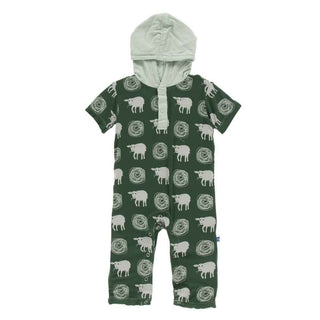 KicKee Pants Print Short Sleeve Hoodie Romper - Topiary Tuscan Sheep