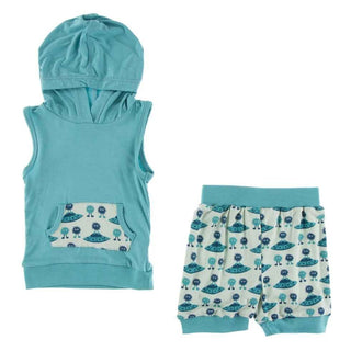 KicKee Pants Print Short Sleeve Hoodie Tank Outfit - Aloe Aliens with Flying Saucers