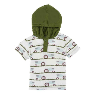 KicKee Pants Print Short Sleeve Hoodie Tee - Natural Tractor and Grass