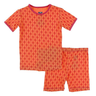 Print Bamboo Short Sleeve Pajama Set with Shorts - Nectarine Leaf Lattice KicKee Pants