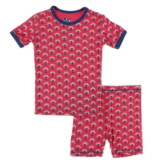 Print Bamboo Short Sleeve Pajama Set with Shorts - Red Ginger Mini Trees KicKee Pants