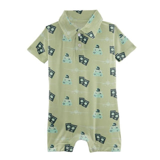 Print Bamboo Short Sleeve Polo Romper - Field Green Travel Guide Baby One-Pieces