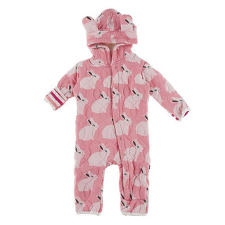 KicKee Pants Quilted Hoodie Coverall with Ears - Strawberry Forest Rabbit/Forest Fruit Stripe