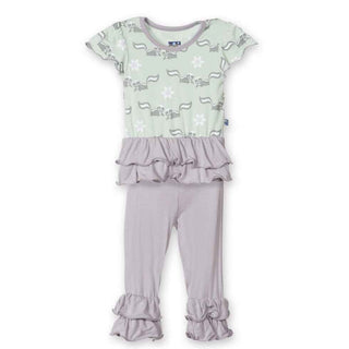 Bamboo Short Sleeve Double Ruffle Outfit Set Girls, Aloe Skunk KicKee Pants