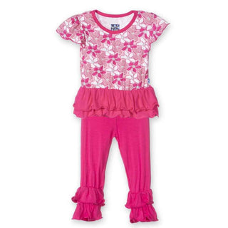 Girl's Bamboo Short Sleeve Double Ruffle Outfit Set, Desert Flower KicKee Pants