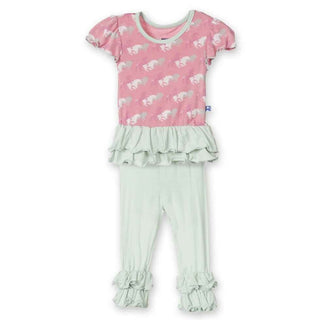 Bamboo Short Sleeve Double Ruffle Outfit Set Girls, Desert Rose Wild Horses KicKee Pants