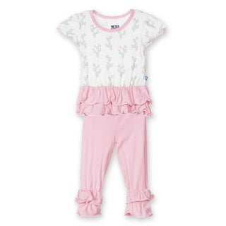 Girl's Bamboo Short Sleeve Double Ruffle Outfit Set, Natural Cactus KicKee Pants