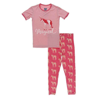 Print Bamboo Short Sleeve Pajama Set - Red Ginger Unicorns KicKee Pants