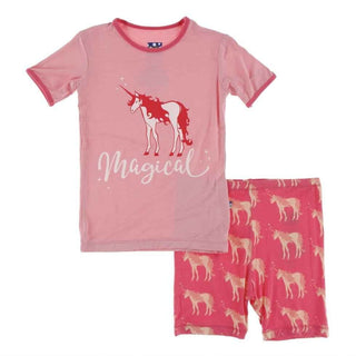 Print Bamboo Short Sleeve Pajama Set with Shorts - Red Ginger Unicorns Baby & Toddler Sleepwear