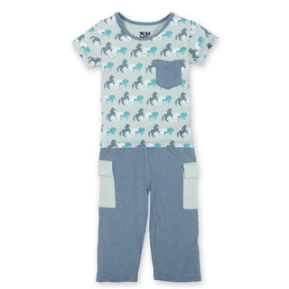 KicKee Pants Short Sleeve Tee with Pocket and Cargo Pant Outfit Set, Aloe Wild Horses