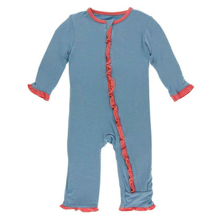 Solid Bamboo Classic Ruffle Coverall with Zipper - Blue Moon with English Rose KicKee Pants