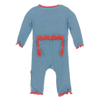 Solid Bamboo Classic Ruffle Coverall with Zipper - Blue Moon with English Rose KicKee Pants