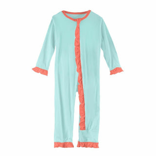 Solid Bamboo Classic Ruffle Coverall with Zipper - Summer Sky with English Rose (SP21) KicKee Pants