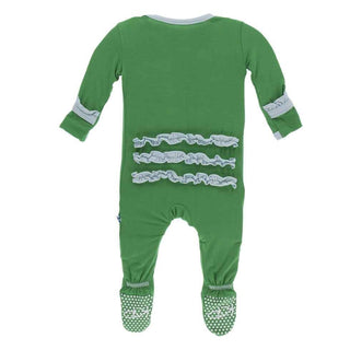 Solid Bamboo Classic Ruffle Footie with Zipper - Fern with Spring Sky KicKee Pants