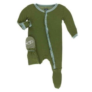 Solid Bamboo Classic Ruffle Footie with Zipper - Moss with Shore KicKee Pants